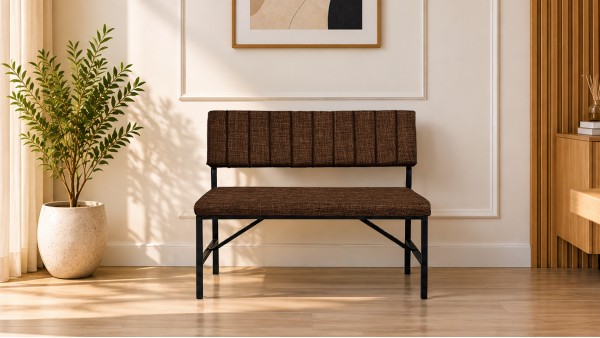 Melody Keten Kumaşlı Metal Mutfak Bankı – 90 cm Yemek Masası Bench Kahve