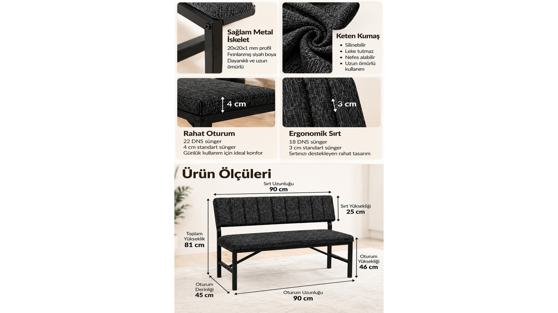 Melody Krem kumaşlı metal bench oturma bankı