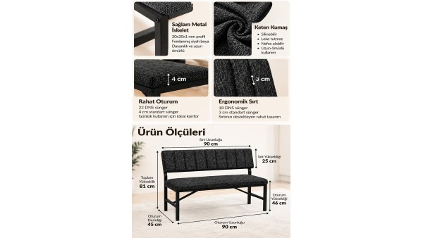 Melody Keten Kumaşlı Metal Mutfak Bankı – 90 cm Yemek Masası Bench Bordo