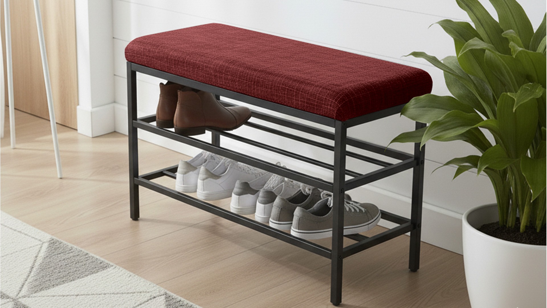 Lotus Bordo keten kumaşlı oturaklı metal ayakkabılık bench
