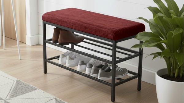 Lotus Oturaklı Metal Ayakkabılık Bench – 75 cm Keten Kumaşlı Ayakkabılık Bankı Bordo