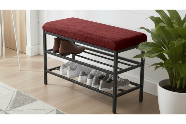 Lotus Oturaklı Metal Ayakkabılık Bench – 75 cm Keten Kumaşlı Ayakkabılık Bankı Bordo