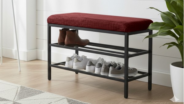 Lotus Oturaklı Metal Ayakkabılık Bench – 75 cm Keten Kumaşlı Ayakkabılık Bankı Bordo