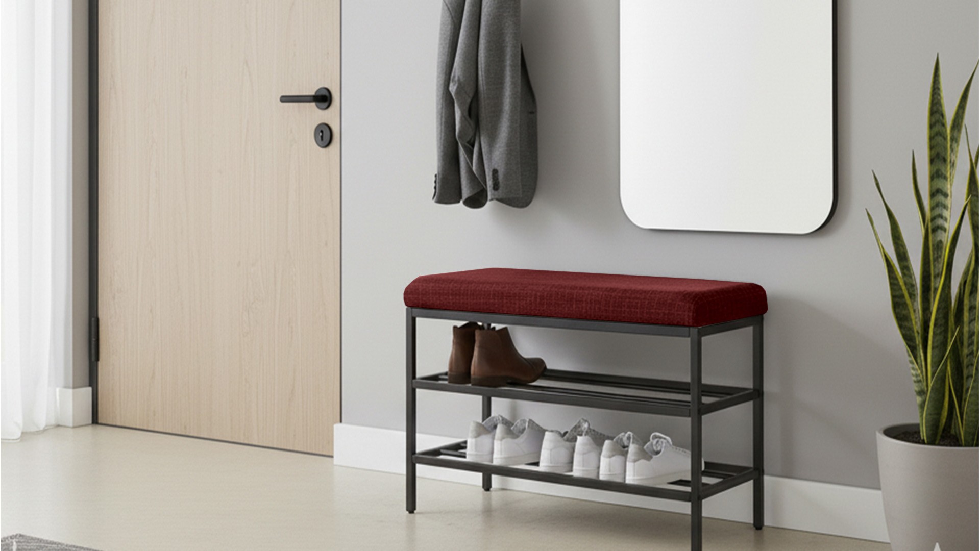 Lotus Bordo keten kumaşlı oturaklı metal ayakkabılık bench