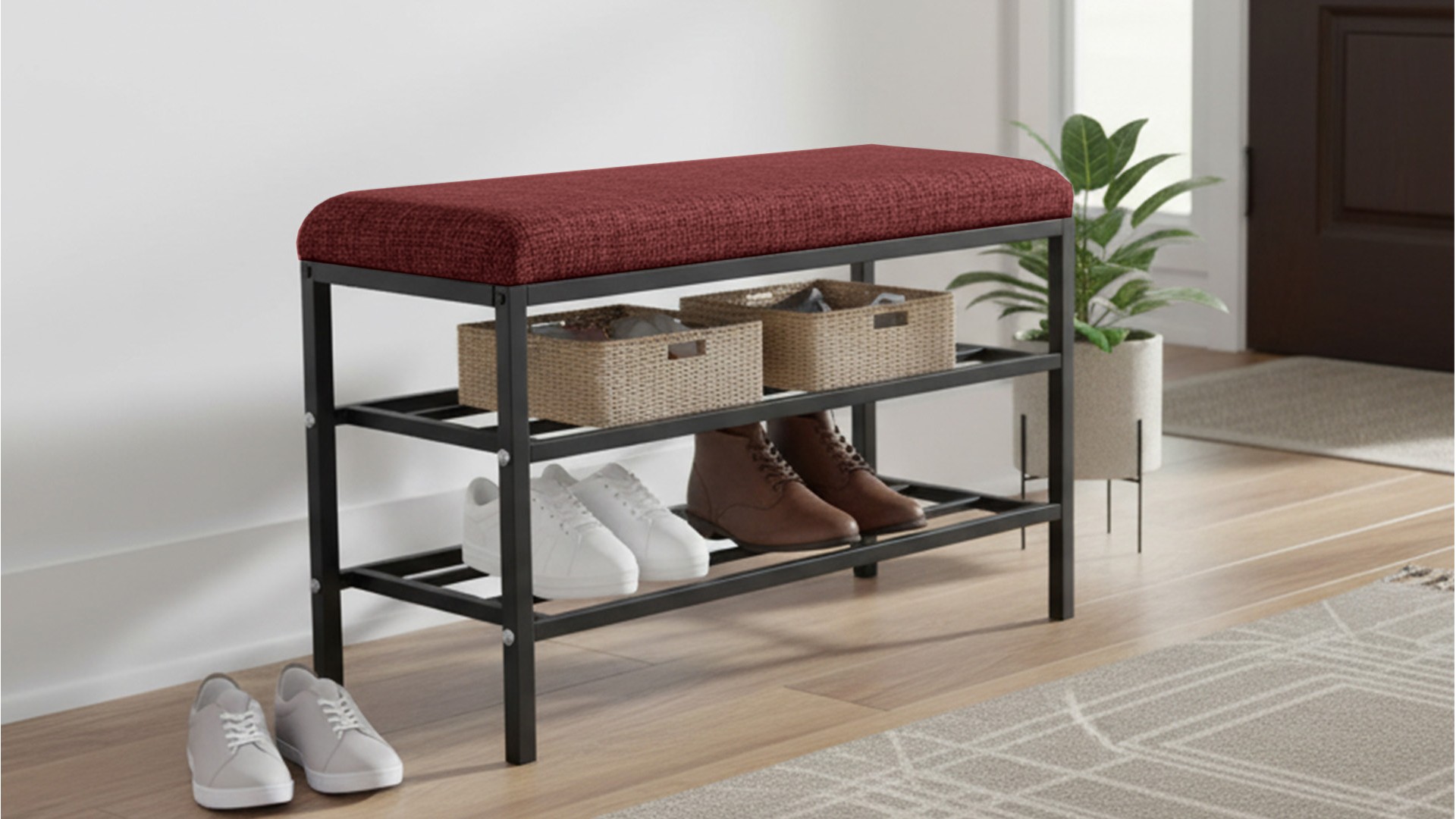 Lotus Bordo keten kumaşlı oturaklı metal ayakkabılık bench