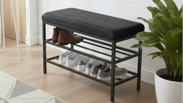 Lotus Oturaklı Metal Ayakkabılık Bench – 75 cm Keten Kumaşlı Ayakkabılık Bankı Antrasit