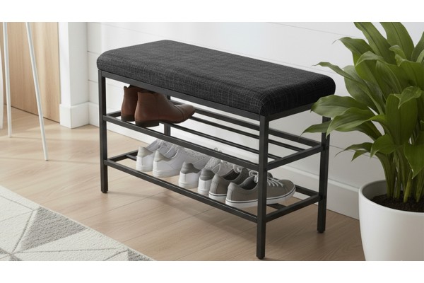 Lotus Oturaklı Metal Ayakkabılık Bench – 75 cm Keten Kumaşlı Ayakkabılık Bankı Antrasit