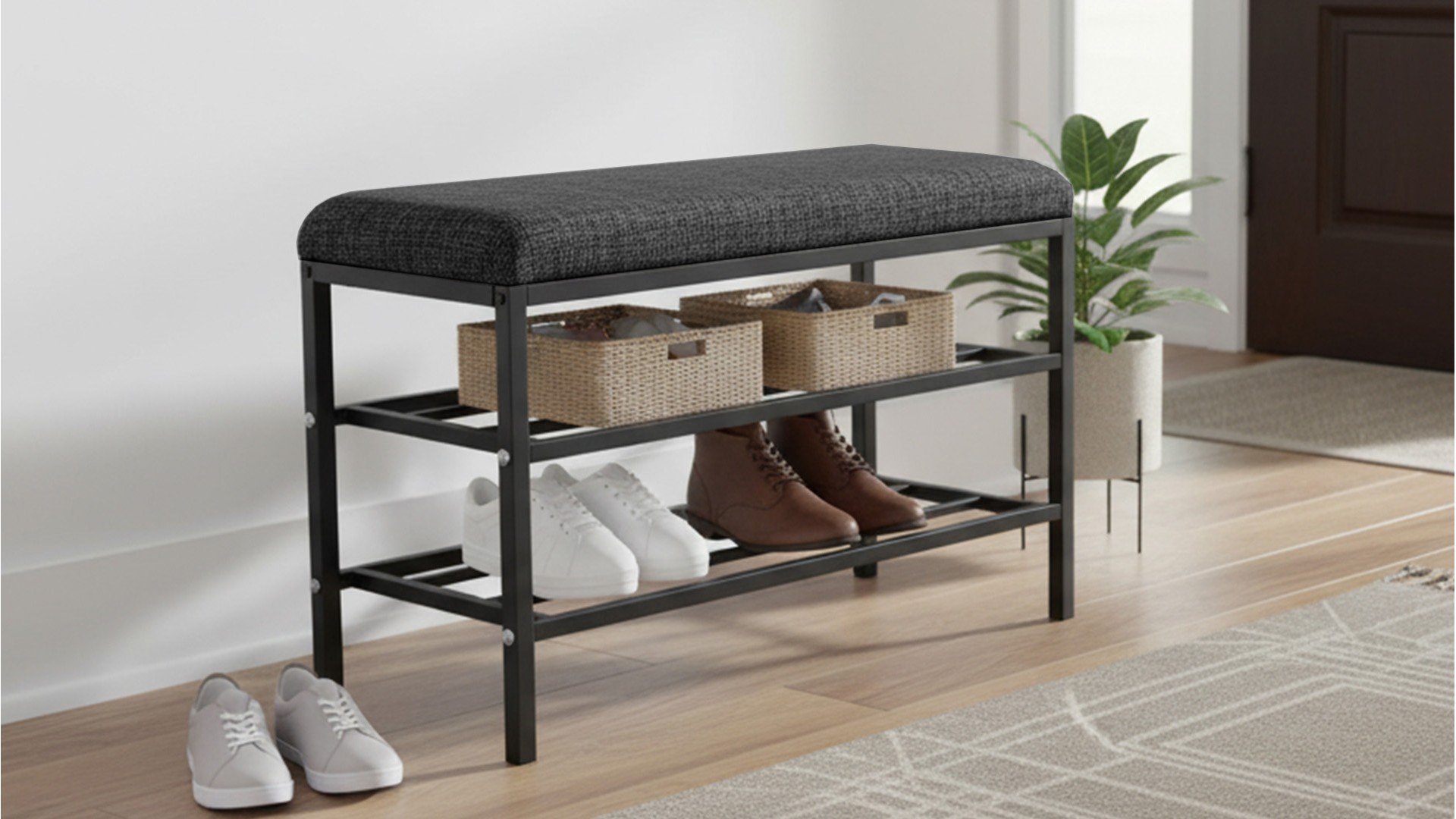Lotus Antrasit keten kumaşlı oturaklı metal ayakkabılık bench