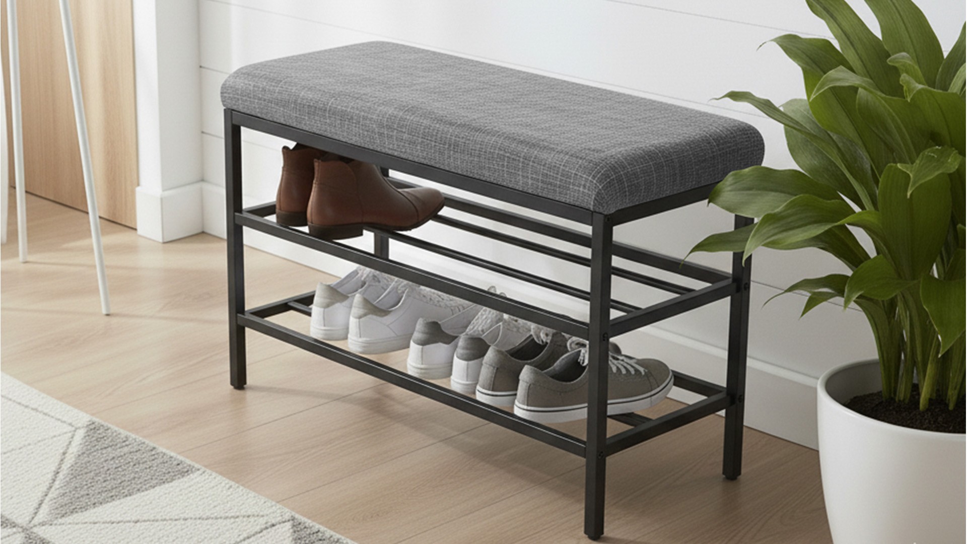 Lotus Gri keten kumaşlı oturaklı metal ayakkabılık bench