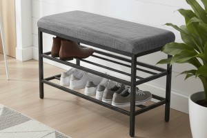 Lotus Gri keten kumaşlı oturaklı metal ayakkabılık bench