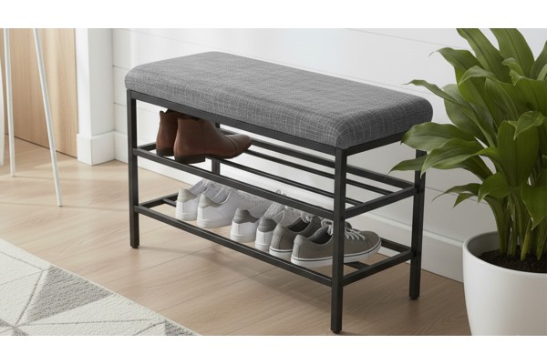 Lotus Oturaklı Metal Ayakkabılık Bench – 75 cm Keten Kumaşlı Ayakkabılık Bankı Gri