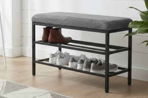 Lotus Gri keten kumaşlı oturaklı metal ayakkabılık bench