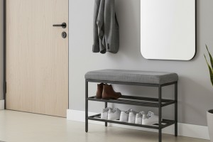 Lotus Gri keten kumaşlı oturaklı metal ayakkabılık bench