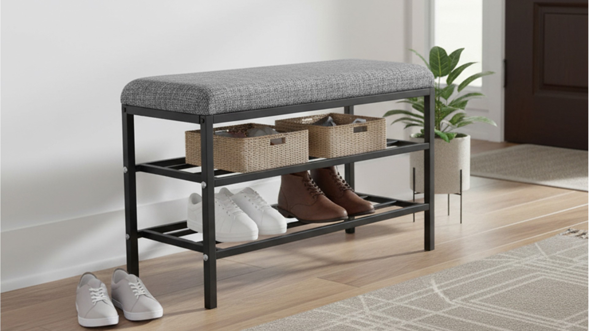 Lotus Gri keten kumaşlı oturaklı metal ayakkabılık bench