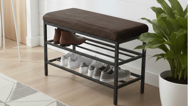 Lotus Oturaklı Metal Ayakkabılık Bench – 75 cm Keten Kumaşlı Ayakkabılık Bankı Kahve