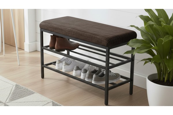 Lotus Oturaklı Metal Ayakkabılık Bench – 75 cm Keten Kumaşlı Ayakkabılık Bankı Kahve