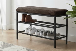 Lotus Kahve keten kumaşlı oturaklı metal ayakkabılık bench