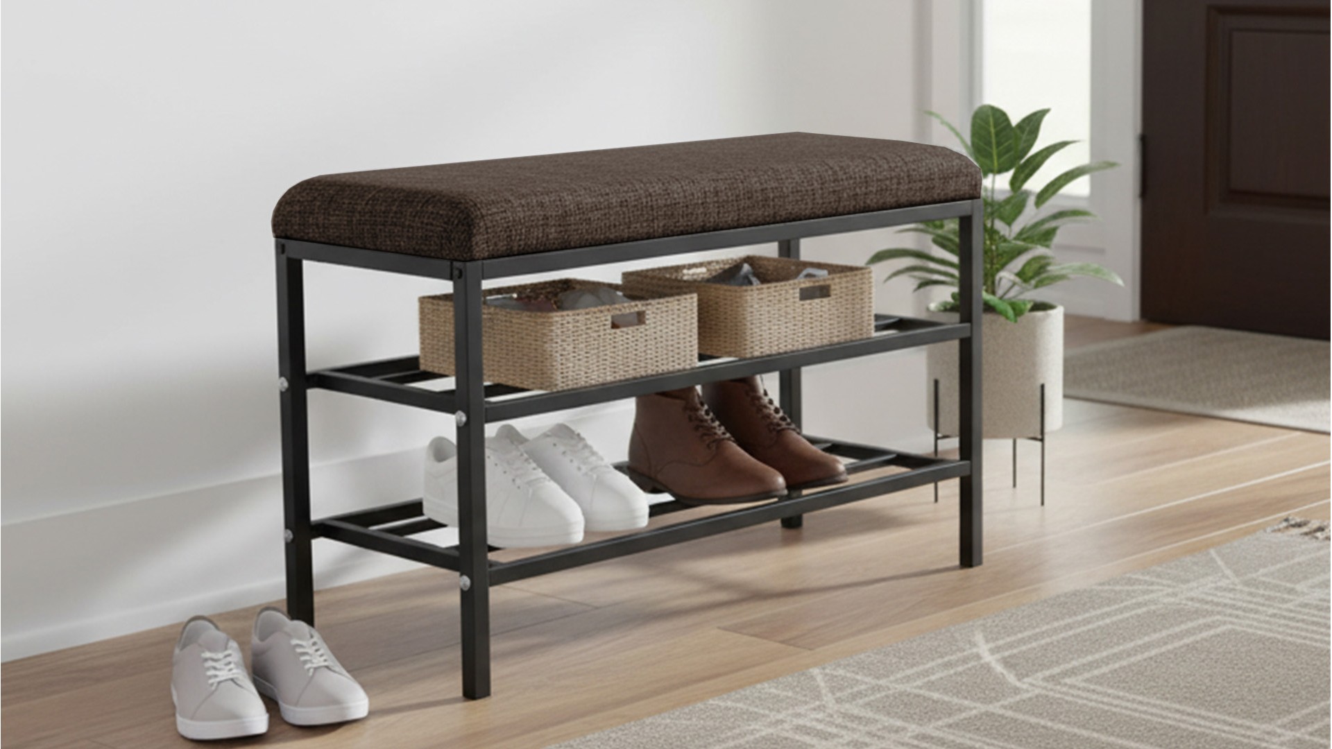 Lotus Kahve keten kumaşlı oturaklı metal ayakkabılık bench