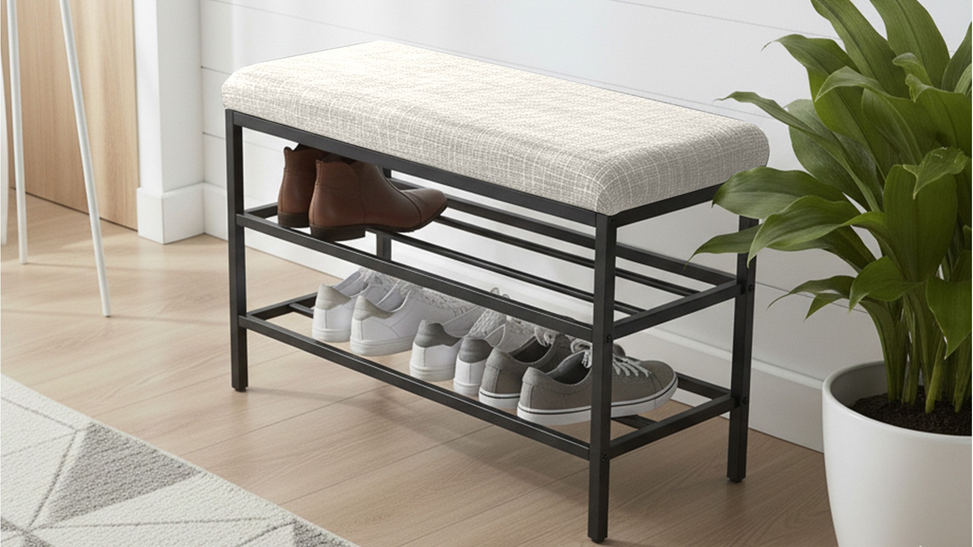 Lotus Krem keten kumaşlı oturaklı metal ayakkabılık bench