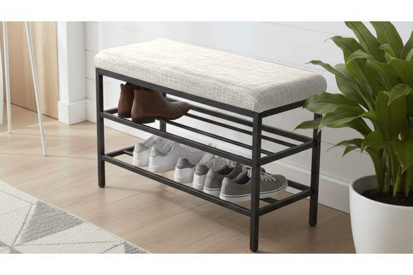 Lotus Oturaklı Metal Ayakkabılık Bench – 75 cm Keten Kumaşlı Ayakkabılık Bankı Krem