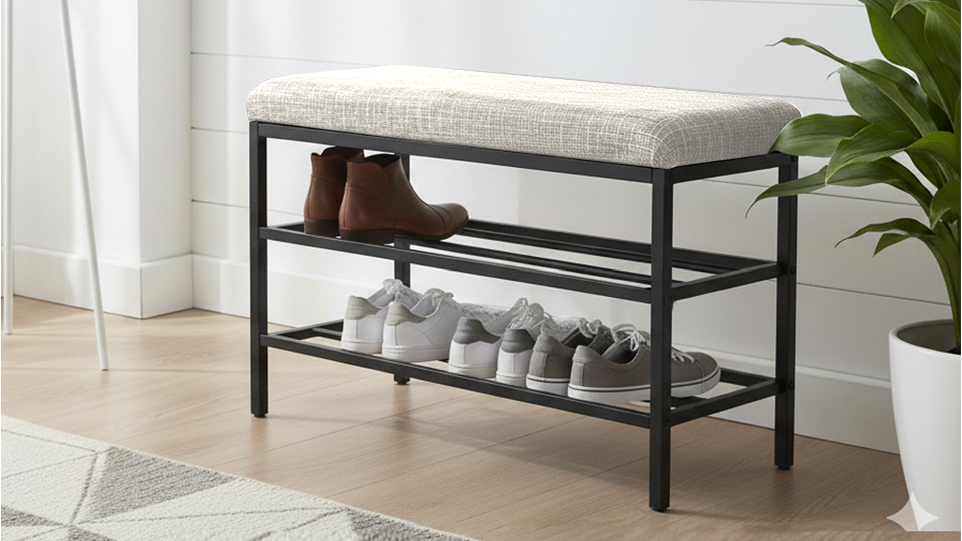 Lotus Krem keten kumaşlı oturaklı metal ayakkabılık bench