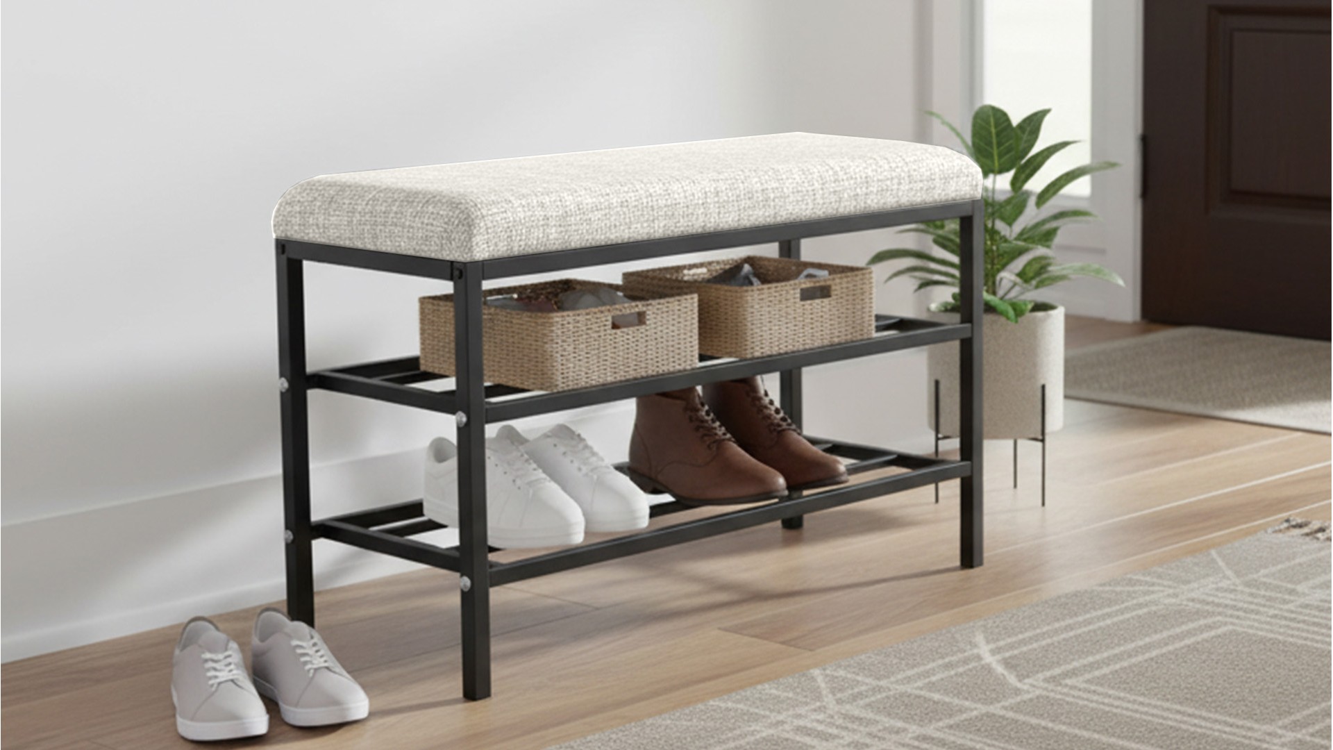 Lotus Krem keten kumaşlı oturaklı metal ayakkabılık bench