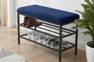 Lotus Lacivert keten kumaşlı oturaklı metal ayakkabılık bench