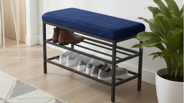 Lotus Oturaklı Metal Ayakkabılık Bench – 75 cm Keten Kumaşlı Ayakkabılık Bankı Lacivert