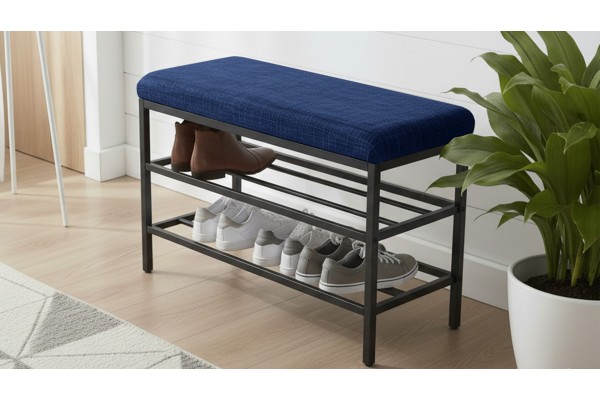 Lotus Oturaklı Metal Ayakkabılık Bench – 75 cm Keten Kumaşlı Ayakkabılık Bankı Lacivert