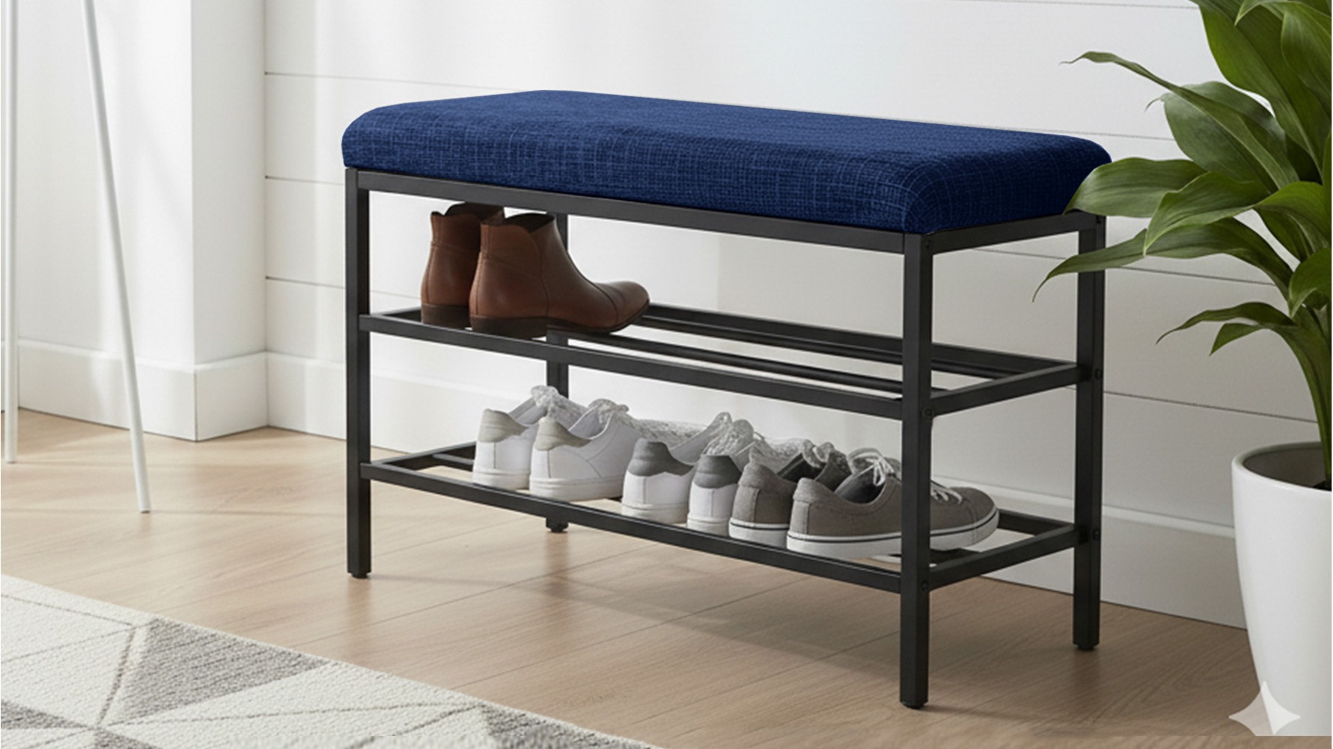 Lotus Lacivert keten kumaşlı oturaklı metal ayakkabılık bench