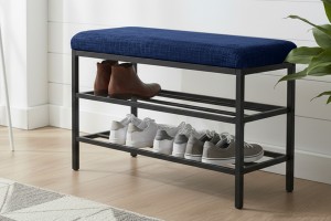Lotus Lacivert keten kumaşlı oturaklı metal ayakkabılık bench