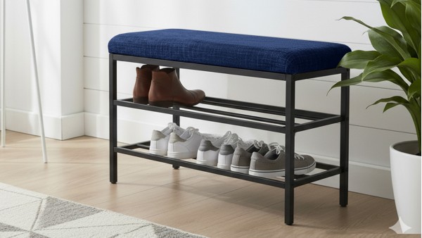 Lotus Oturaklı Metal Ayakkabılık Bench – 75 cm Keten Kumaşlı Ayakkabılık Bankı Lacivert