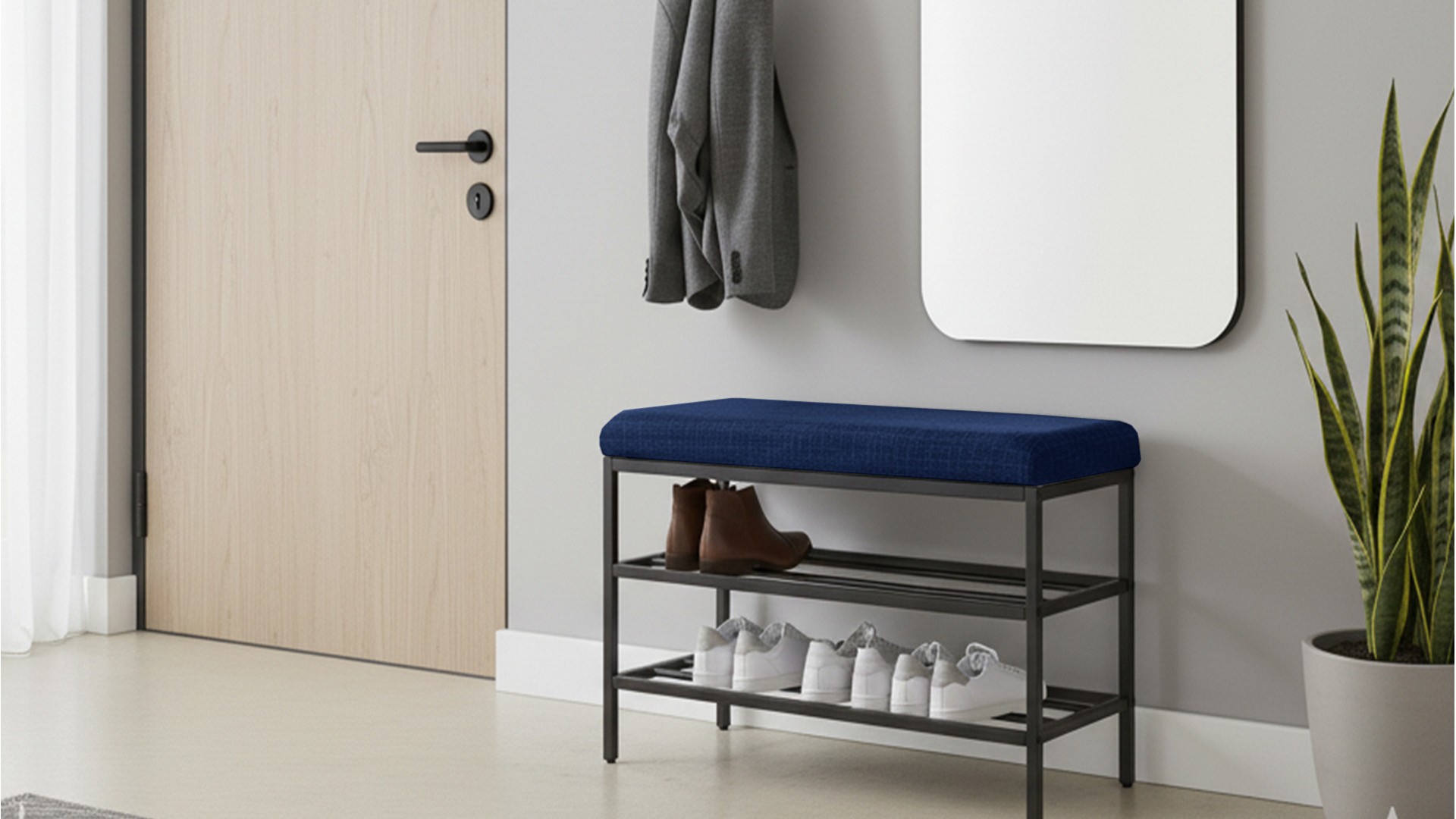 Lotus Lacivert keten kumaşlı oturaklı metal ayakkabılık bench