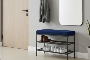 Lotus Lacivert keten kumaşlı oturaklı metal ayakkabılık bench