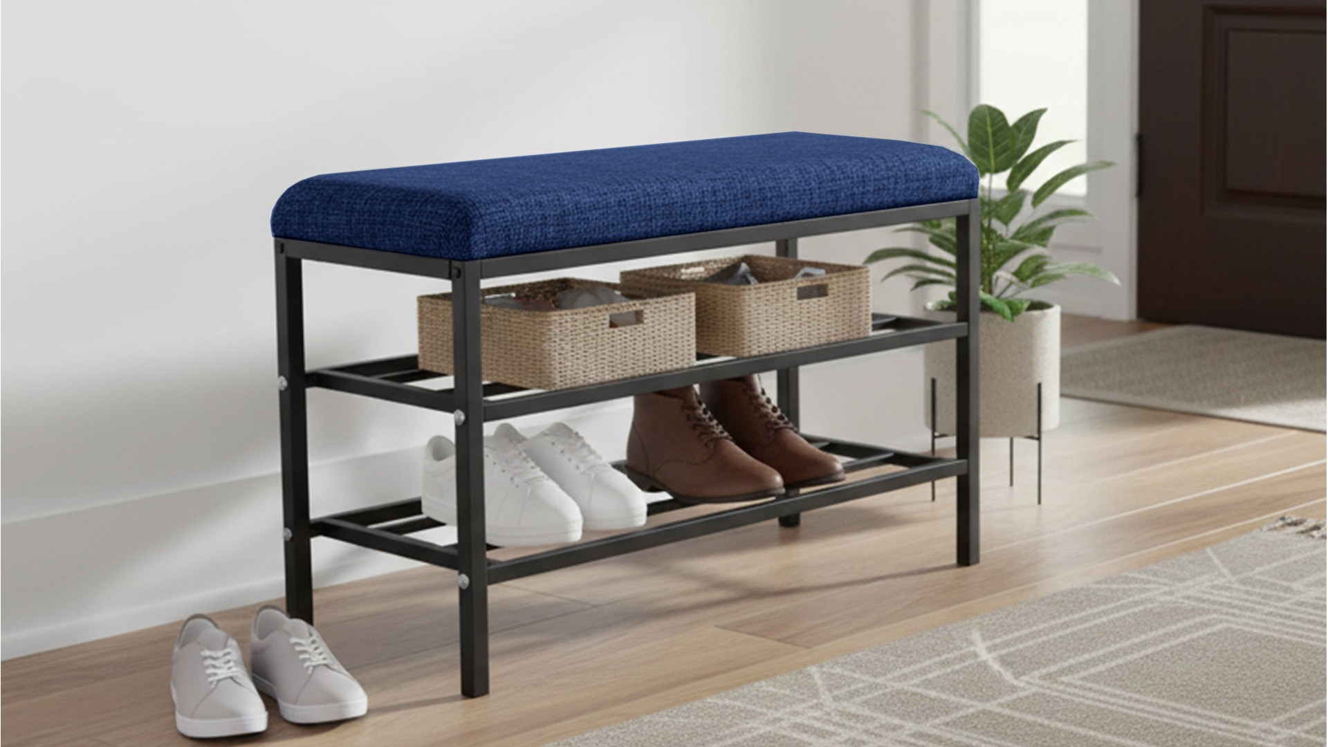 Lotus Lacivert keten kumaşlı oturaklı metal ayakkabılık bench