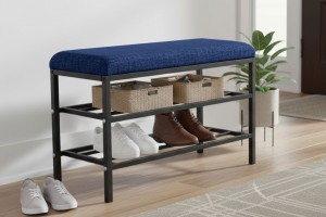 Lotus Lacivert keten kumaşlı oturaklı metal ayakkabılık bench