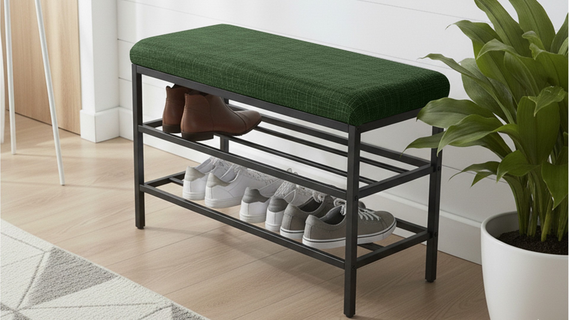 Lotus Yeşil keten kumaşlı oturaklı metal ayakkabılık bench