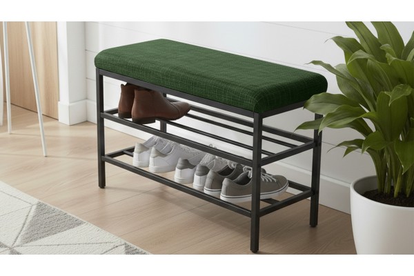 Lotus Oturaklı Metal Ayakkabılık Bench – 75 cm Keten Kumaşlı Ayakkabılık Bankı Yeşil