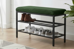 Lotus Yeşil keten kumaşlı oturaklı metal ayakkabılık bench