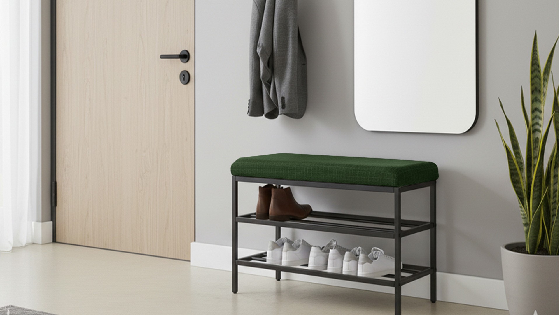 Lotus Yeşil keten kumaşlı oturaklı metal ayakkabılık bench