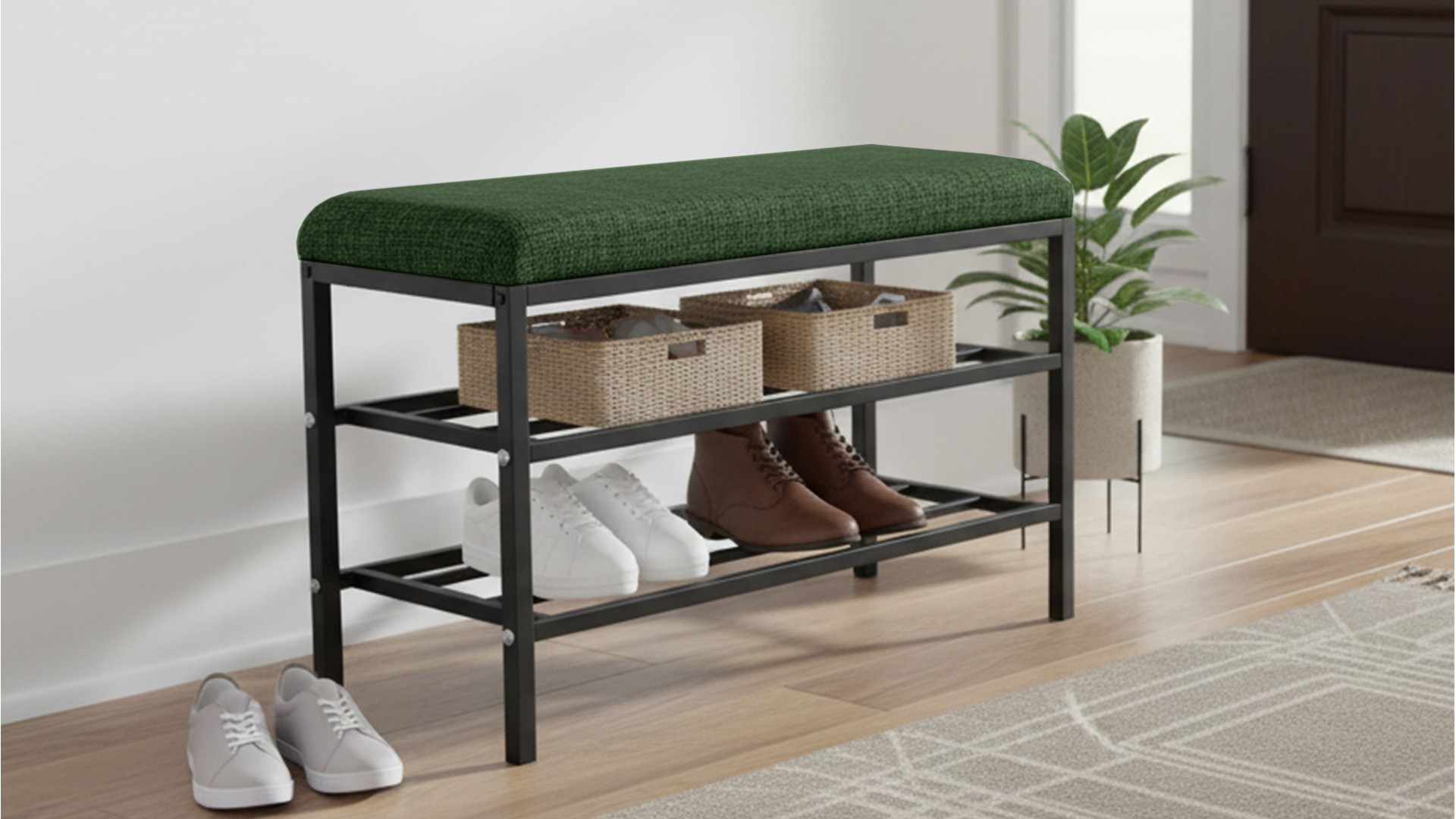 Lotus Yeşil keten kumaşlı oturaklı metal ayakkabılık bench